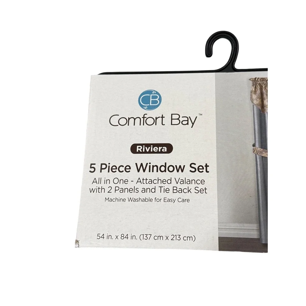 Comfort Bay Riviera 5 Piece Window Set Grey Gold‎ Damask 54 x 84 2 Pack